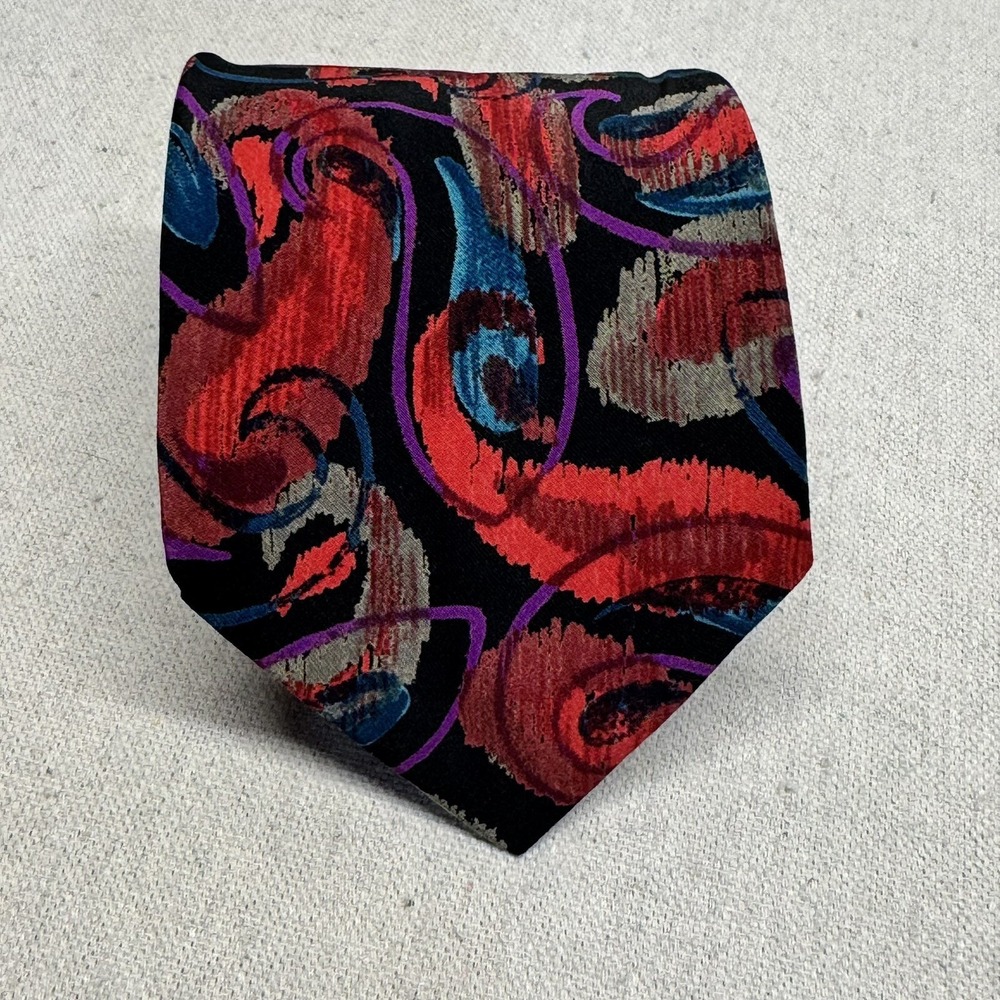 Ungaro Paris Silk Tie Mens OS Red Blue Abstract Paisley Italian Designer Retro